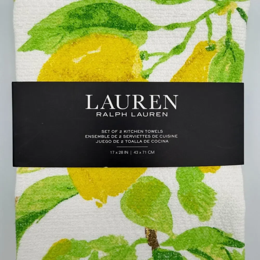 Lauren Ralph Lauren Kitchen Towels White Yellow Lemons Set of 2 Cotton 17x28 NWT